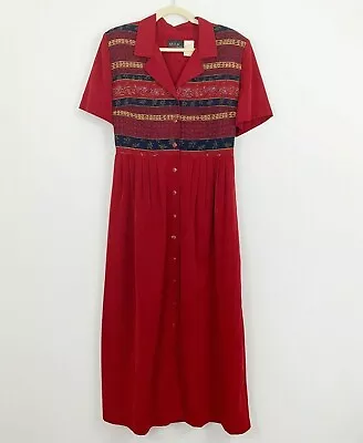 M.H.M. Melissa Harper Size 12 Maxi Dress Red Short Sleeves Button Front Floral • $29.99