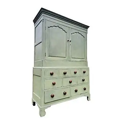 Antique Light Green Painted Linen Press Cupboard Wardrobe • £1250