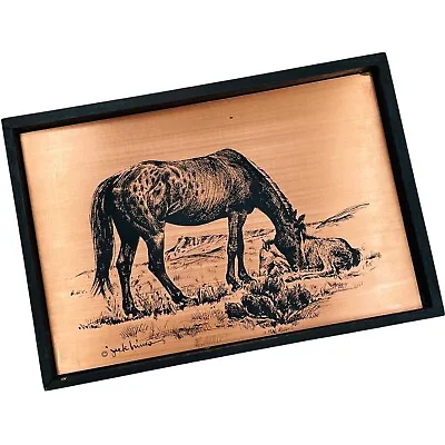 Vintage Jack Hines Etched Copper Art Framed Appaloosa Horses Mare Foal Montana • $47