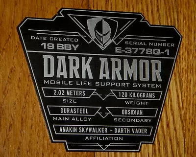 Custom Dark Armor Data Plate Star Wars Darth Vader Anakin Skywalker • $50.57