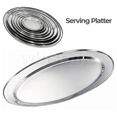 S/Steel Oval Serving Dish Platter Tray Meat Poultry Carving Roasting Buffet Tray • £4.60