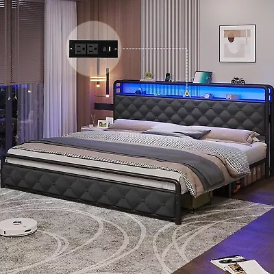 King Bed Frame With LED Lights Modern Platform Bed With 2 Tier Headboard Storage • $199.97