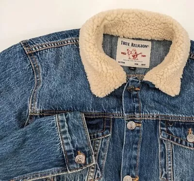 True Religion Jeans Men’s Distressed Sherpa Fleece Denim Jacket Large L • $41.70