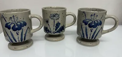 Vintage Otagiri Style Speckled Grey Stoneware Blue Flower Coffee Mugs 70s • $20
