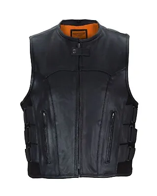 Men's Black Leather Vest SOA Motorcycle Concealed Side Straps Biker Waistcoat • $78.29