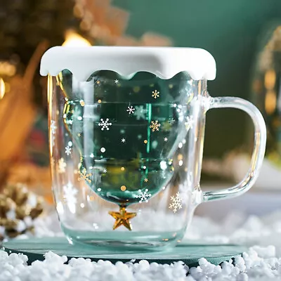 Christmas Tree Double Wall Glass Cup With Handle Heat Resistant Tea Coffee Mug • $21.52