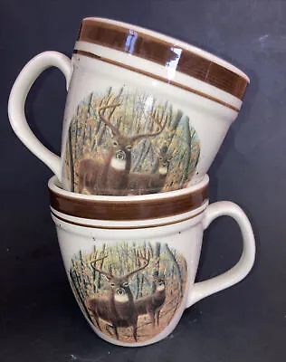 Cabela's Whitetail Deer Buck Coffee Tea Mug Cup Folkcraft Stoneware Log Cabin • $12.74