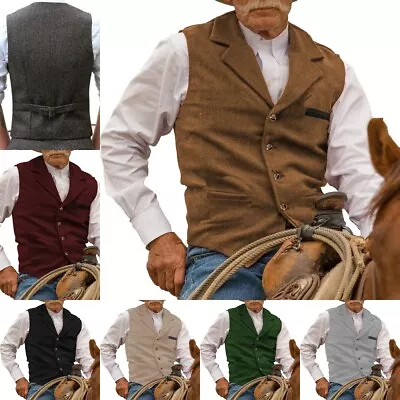 Cowboy Men Vest Hunting Tweed Waistcoat Herringbone Wedding Vintage Wool Grooms+ • £23.99