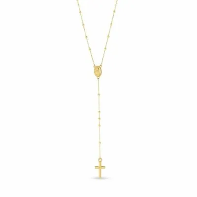 Bead Ball Cross Rosary Lariat Necklace Real 14K Yellow Gold 26  • £219.72