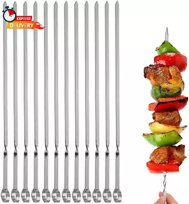 12PCS Kabob Skewers Flat Metal Stainless Steel BBQ Barbecue Skewer 16  Anti-Roll • $12.52