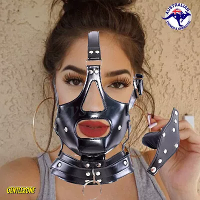 Bondage PU Leather Head Hood Harness Mask Detachable Penis Mouth Plug Restraint • $25.99