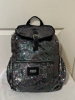 NWT Victoria Secret PINK Silver Black Sequin Black Backpack Book Bag • $140