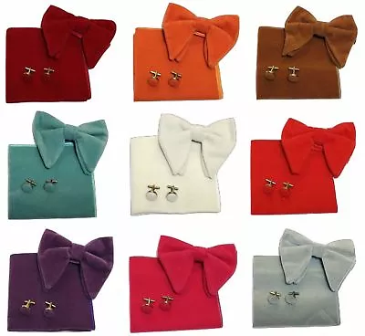 Men's Oversized Velvet Bow Tie + Pocket Square Hanky + Cuff Links Set Gift • £9.99