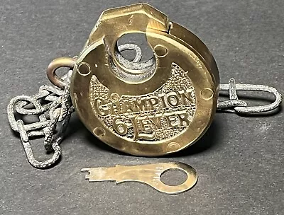 Antique/Vintage Pancake Push Key Champion 6-Lever Padlock With Chain. Works-Key • $60