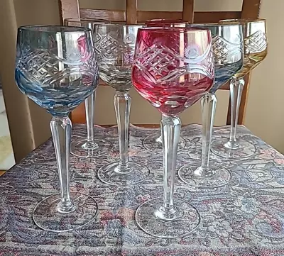 Wine Hock Glass Bohemian Color Flash Cut Crystal SET 7 VINTAGE • $49.96
