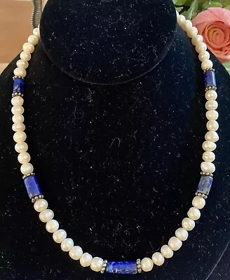 Cultured Freshwater Pearl Sodalite Bead Sterling Stations Necklace 18” Vintage • $16