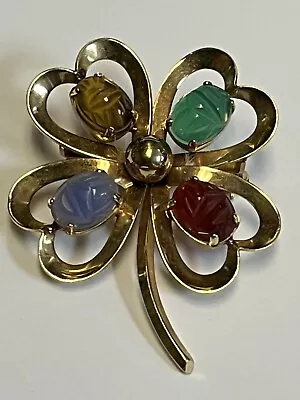 Van Dell Brooch 1/20 12K GF Real Gemstone Scarabs 4 Leaf Clover • $171.28