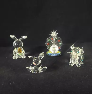 Lot Of 4 Miniature Unmarked Crystal Figures: Cat&Kitten Peacock 2 Rabbits  • $27.95