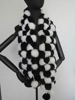 100% Real Rabbit Fur Pom Poms Scarf/ Cape/ Neck Wrap Black/white Women Shawl  • $16.99