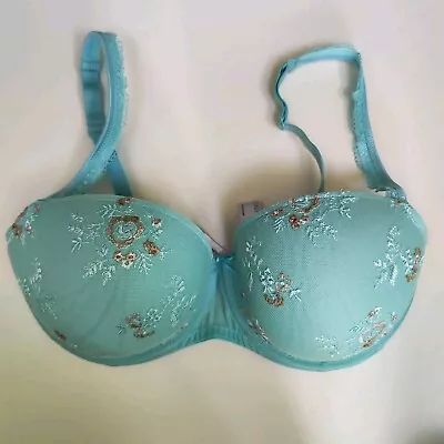 Marie Jo Josephine Turquoise Plunge Padded Underwired Bra Size UK 32E Floral • £12.99