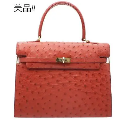 Authentic MORABITO Scala Ostrich Leather Hand Bag Red Gold Women From Japan • $1427