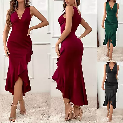 Women's PROM Birthday Dress V-Neck Vintage Fishtail Skirt Frilly Sexy Butt Wrap • $29.50