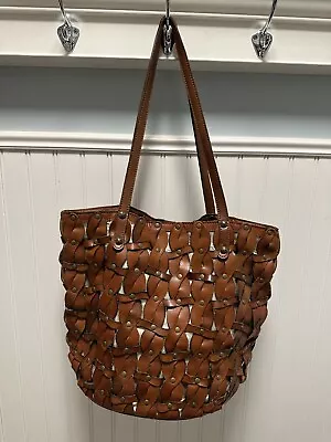 PATRICIA NASH Toast Brown Leather MIZZANA Twisted Braid Braided Metallic Tote • $38