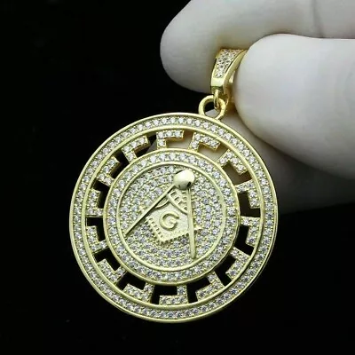 Men's 14K Yellow Gold Plated Lab Created Diamond Masonic Medallion Charm Pendant • $164.49