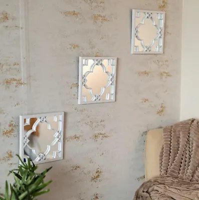 3pc Mirror Set Square White Plastic Wall Modern Hanging Floating Art Deco Style • £12.99