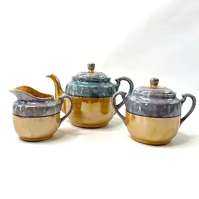 Vintage Lusterware Teapot Creamer Sugar Blue Purple Gold Japan Tea Set • $21.12