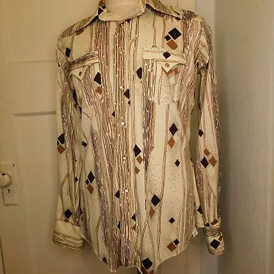 Vtg 70's H Bar C Men 16 36 L Ranchwear Long Tail Pearl Snap Shirt Novelty Print • $68