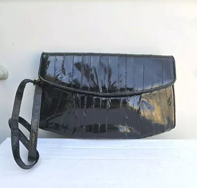 Vintage 80s Genuine Eel Skin Black Clutch Handbag Suede Inside Made In Korea • $25