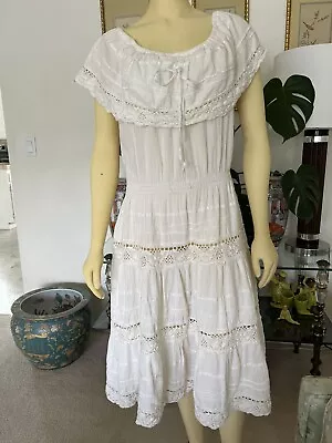 Vintage 70s Ivory Gauze Cotton Mexican Dress Crochet Trim Festival Retro Hippie • $35