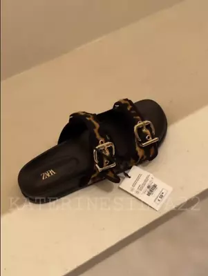 Zara New Woman Ss24 Leopard Animal Print Leather Flat Sandals Ref:2609/310 • $134.99