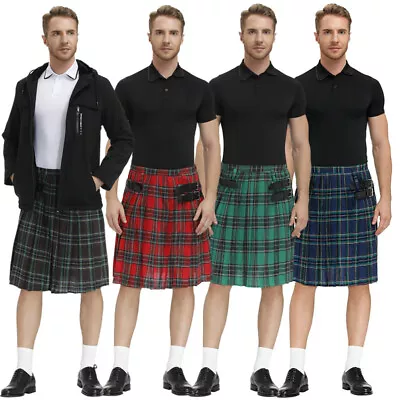 Scottish Mens Kilt Traditional Highland Dress Skirt Kilts Tartan 4 Colors M L XL • £15.99