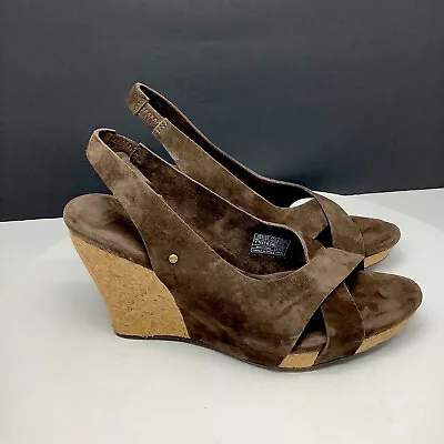 UGG Sandals Womens 7 Hazel Sling Back Wedge Slip On Shoes Suede Espresso 1771 • $39.50