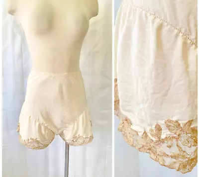 Vintage French 1920s 1930s Tap Pants Silk Beige Point D’Alencon Lace 27 28 Waist • $109