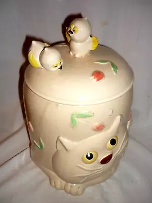 Vintage 1960s Cat Cookie Jar W/ Baby Birds Lid Japan Easter • $44.99