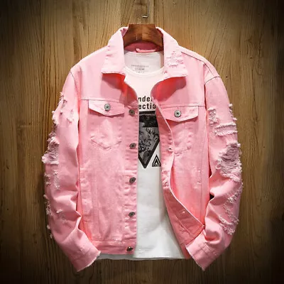 Men's Ripped Distressed Long Sleeve Denim Jacket Coat Jean Tops Casual Tops • $39.99