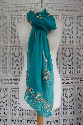  Jade Embellished Vintage Dupatta Indian Chunni Shawl Scarf Bollywood SKU18876 • £26.99