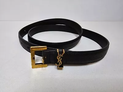 Saint Laurent YSL Monogram Leather Slim Belt Black Nero Gold Logo 85/UK10 $485 • $249.95