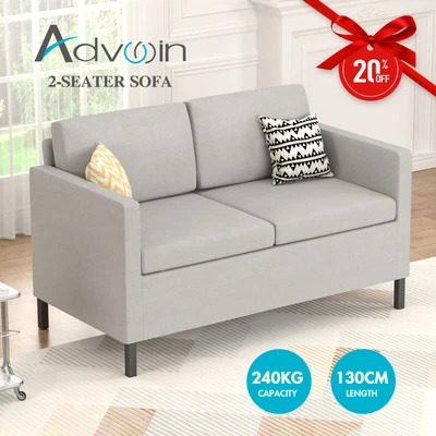 Advwin 2 Seater Sofa Lounge Linen Couch Armchair Compact Small Space Light Grey • $289.90