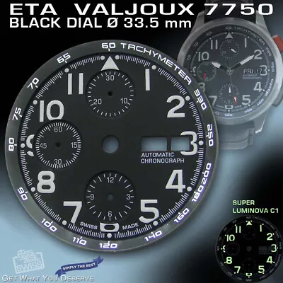 $49 • Buy DIAL FOR MOVEMENT ETA VALJOUX 7750, TACHYMETER RING, BLACK, SUPER LUM. Ø 33.5mm