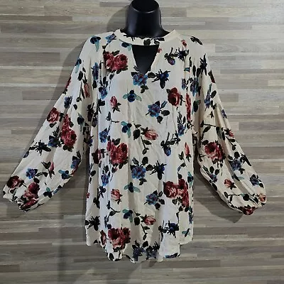 KORI America Floral Metallic Long Sleeve Top Sz L Mock Keyhole Neck Semi-Sheer • $18