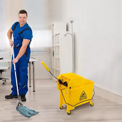 5.28 Gallon Mop Bucket With Wringer Combo Commercial Home Cleaning Cart Yellow • $39.94