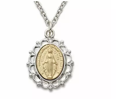 Sterling Silver 2 Tone Oval Filagree Miraculous Medal Necklace & Chain • $119.99