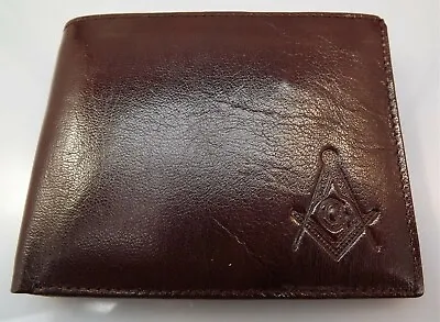 New Genuine Leather BROWN Masonic Freemason Embossed Square & Compass WALLET • $29.95