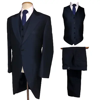 Mens Navy Blue Tailcoat Jacket Mohair Wool Waistcoat Morning Suit Wedding Ascot • $37.24