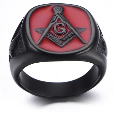 Men Masonic Ring Square G & Pillars Freemason Master Mason Black Red Size 7-14 • $16.95