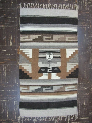 $59 • Buy Zapotec Oaxacan Fringed Wool Rug Vintage Used 29 Inches By 53 Inches